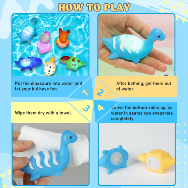 Hot Bee Baby Dinosaur Bath Toys for Toddlers, 6 PCS Mold Free Light-up Floating Kids Bathtub Pool Toys for Infants 6 Months up - Image 3