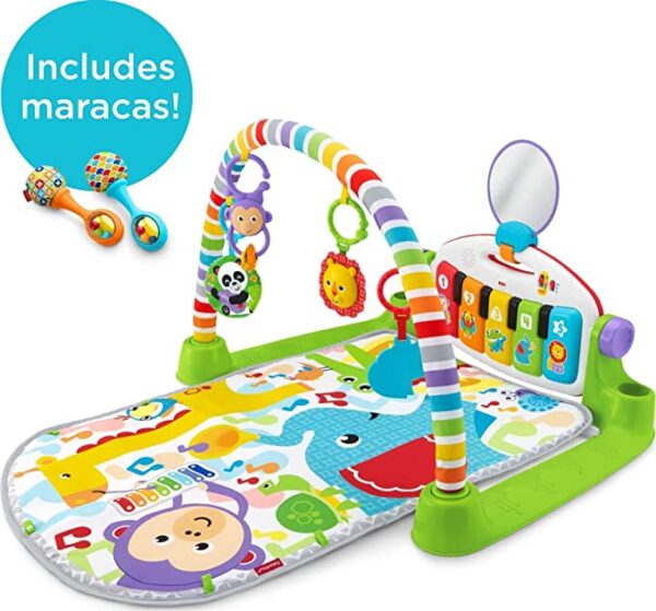 Fisher-Price Baby Gym with Kick & Play Piano Learning Toy featuring Smart Stages Educational Content and 2 Soft Maracas Rattle Toys